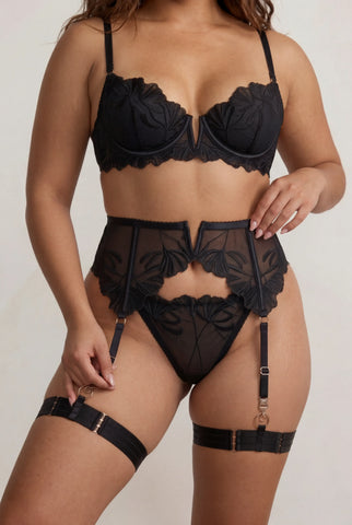 Dames lingerie set van vier stuks met dijbanden en handschoenen - FLAME Zwart 